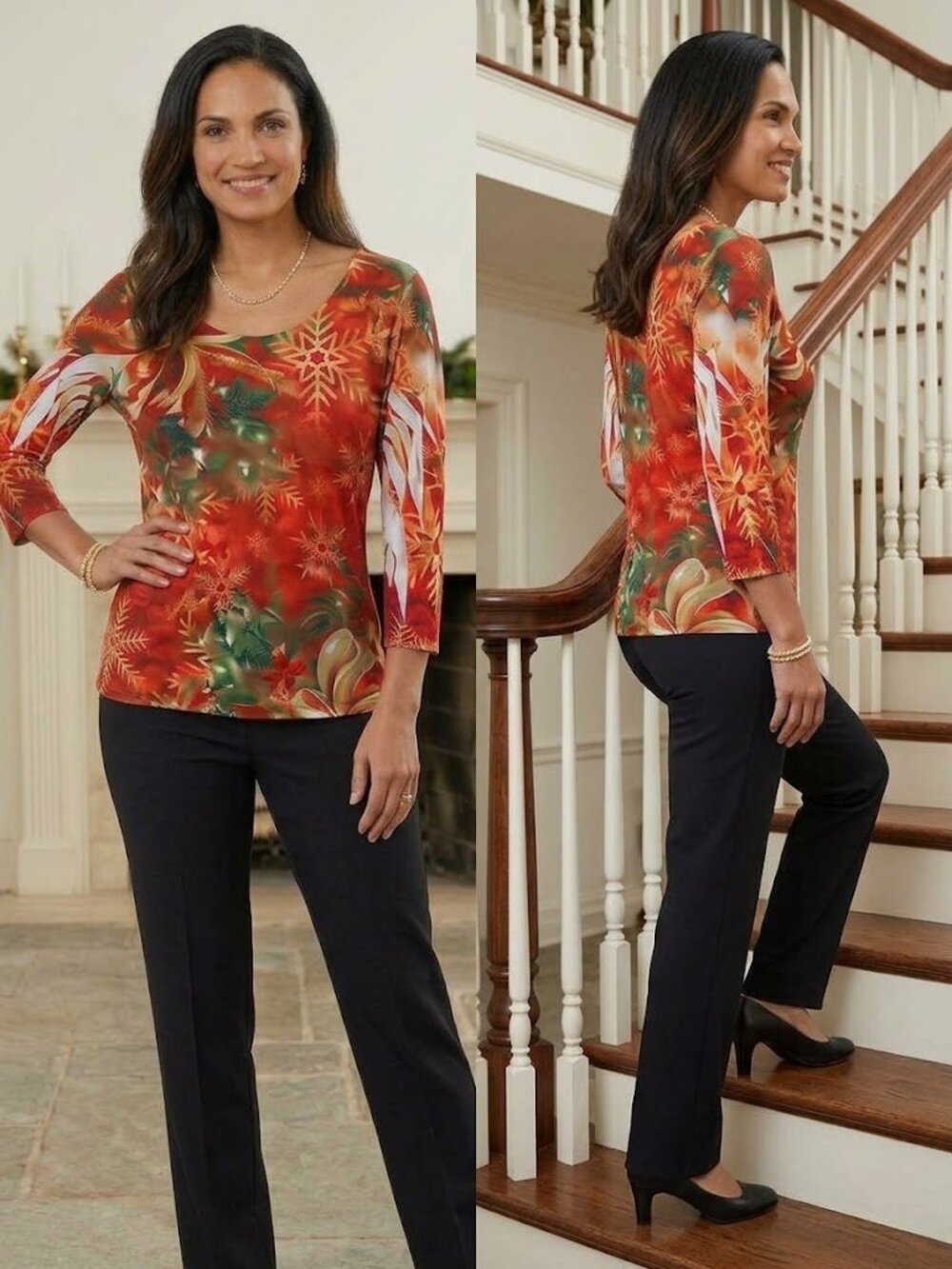 One World Festive Christmas Holiday Top Ribbon Snowflakes Rhinestone Accents PM